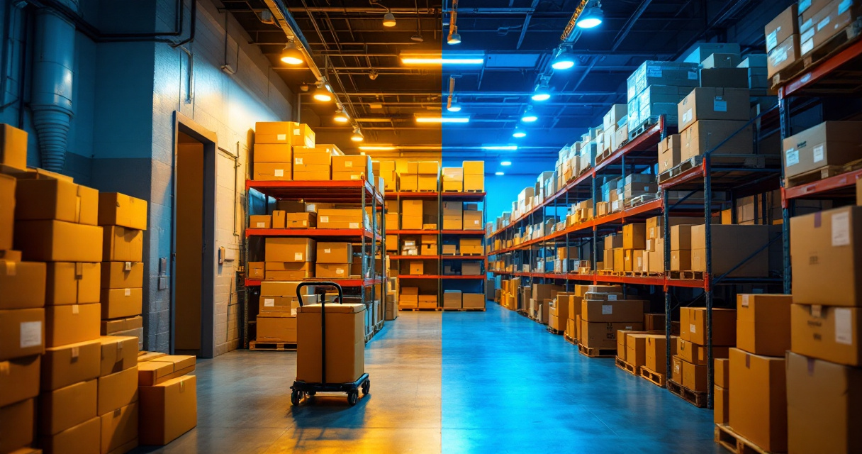 Retail stockroom showing conflicting warm and cool LED lighting creating inconsistent visibility