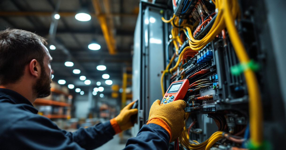 Electrician checking electrical capacity and wiring before installing warehouse LED high bay lighting