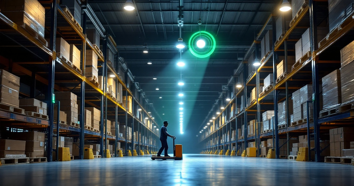 Warehouse LED lighting with motion sensor and smart controls increasing energy efficiency