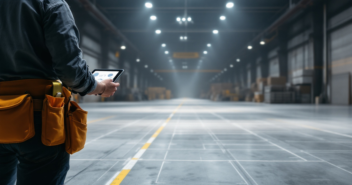 Lighting planner measuring warehouse floor grid while calculating LED lumen coverage
