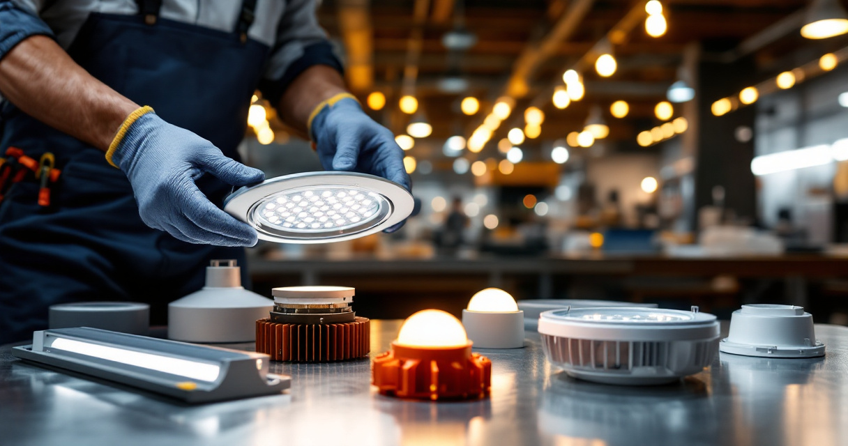 Hands comparing commercial LED fixtures on workbench after lumen calculations