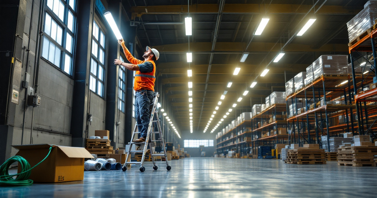 Warehouse technician replacing fluorescent tube while long‑lasting LED high bay lights illuminate aisles