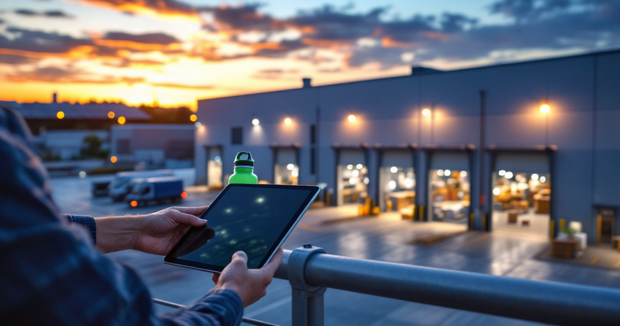 Energy‑efficient LED warehouse lighting with rooftop solar panels symbolizing operational savings and sustainability