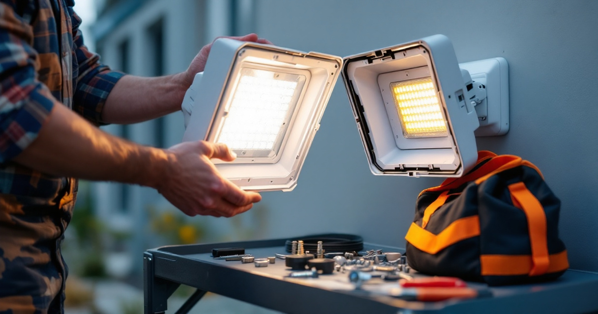 Technician inspecting moisture inside outdoor commercial LED fixture during maintenance