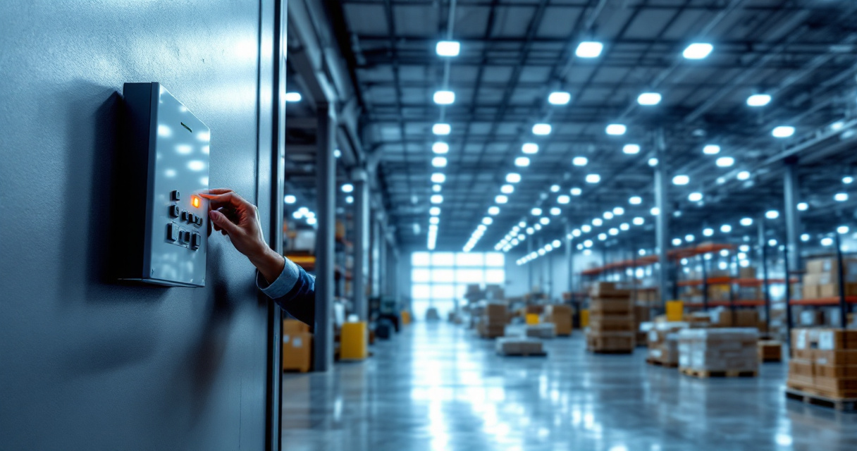 Commercial warehouse interior brightly lit by energy efficient LED high bay fixtures and lighting controls
