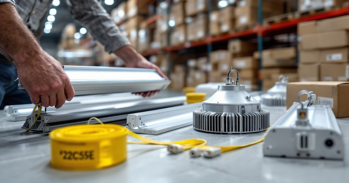 Buyer inspecting LED high bay fixture quality at a commercial lighting wholesale warehouse