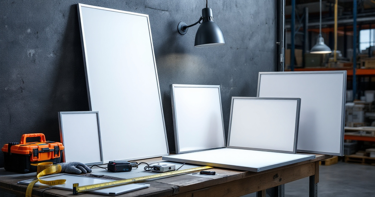 Different sizes of commercial LED panel lights arranged on a worktable in a lighting warehouse