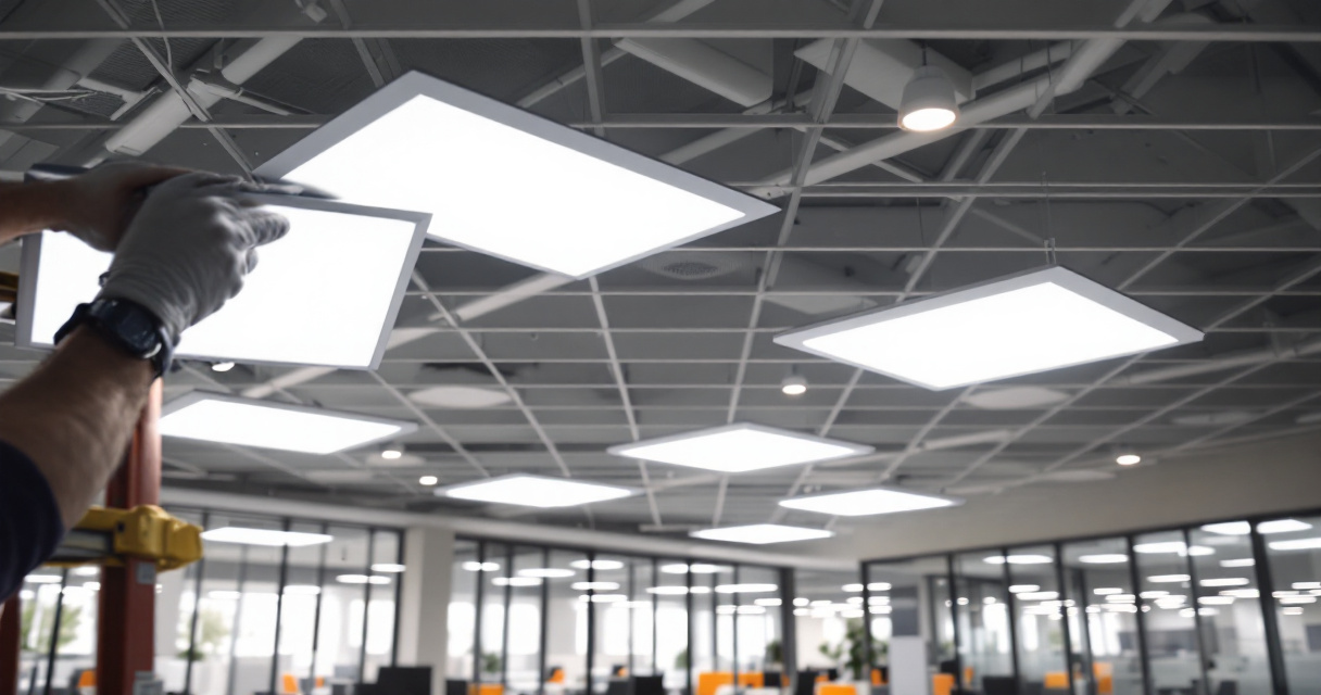 LED panel lighting evenly illuminating a modern office workspace ceiling installation