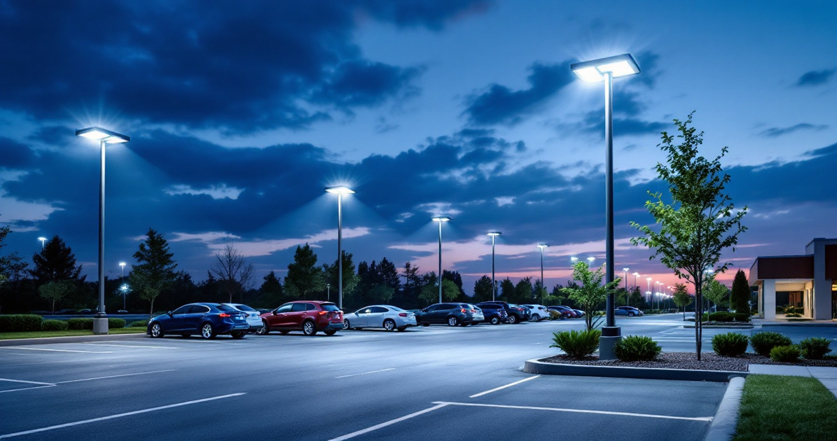 LED shoebox parking lot light mounted on pole illuminating commercial parking area at dusk