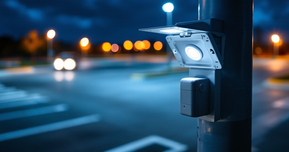 Technician installing smart motion sensor and control module on commercial LED parking lot pole light