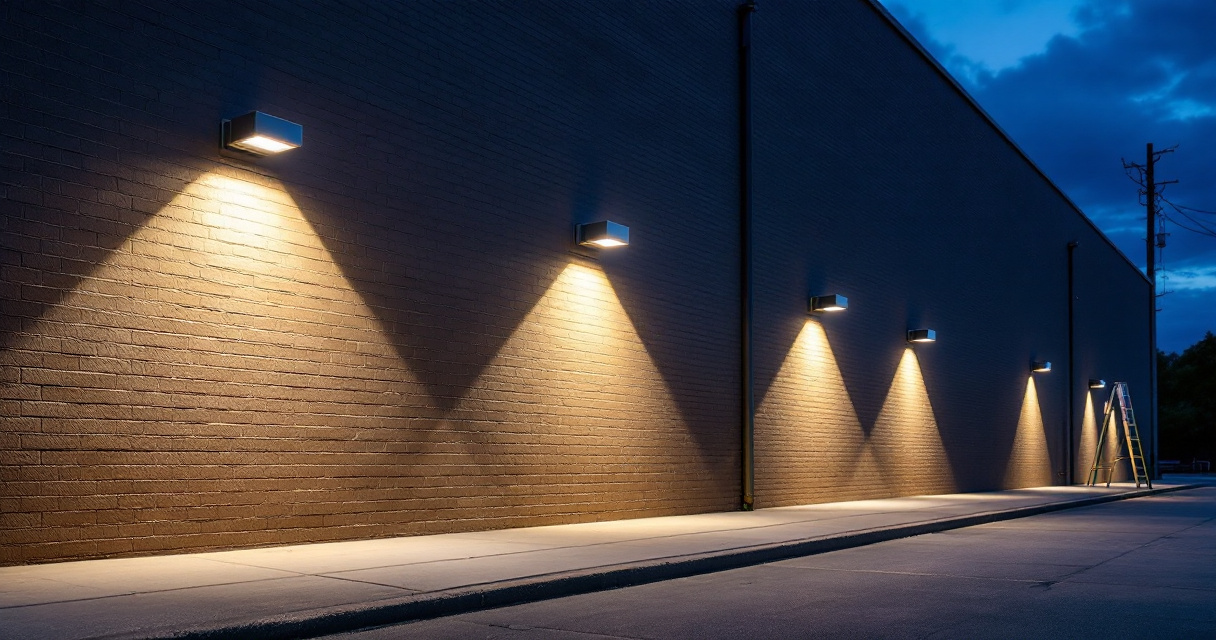 Different styles of commercial LED wall pack lights illuminating a brick building exterior at dusk
