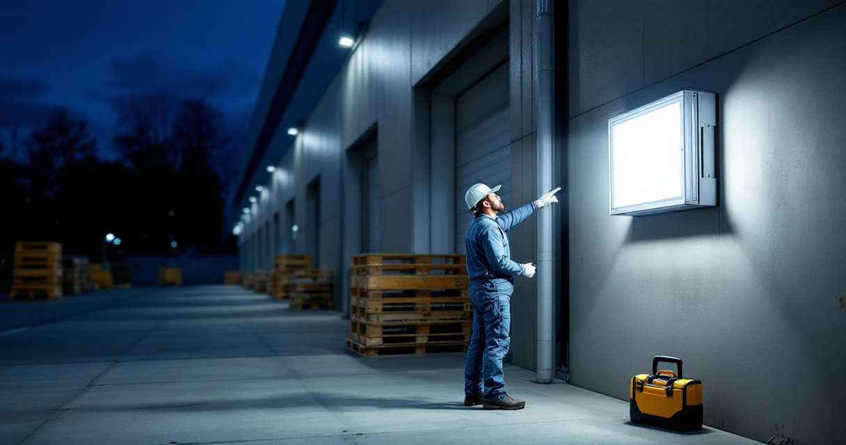 Technician inspecting commercial LED wall pack performance on warehouse exterior at night