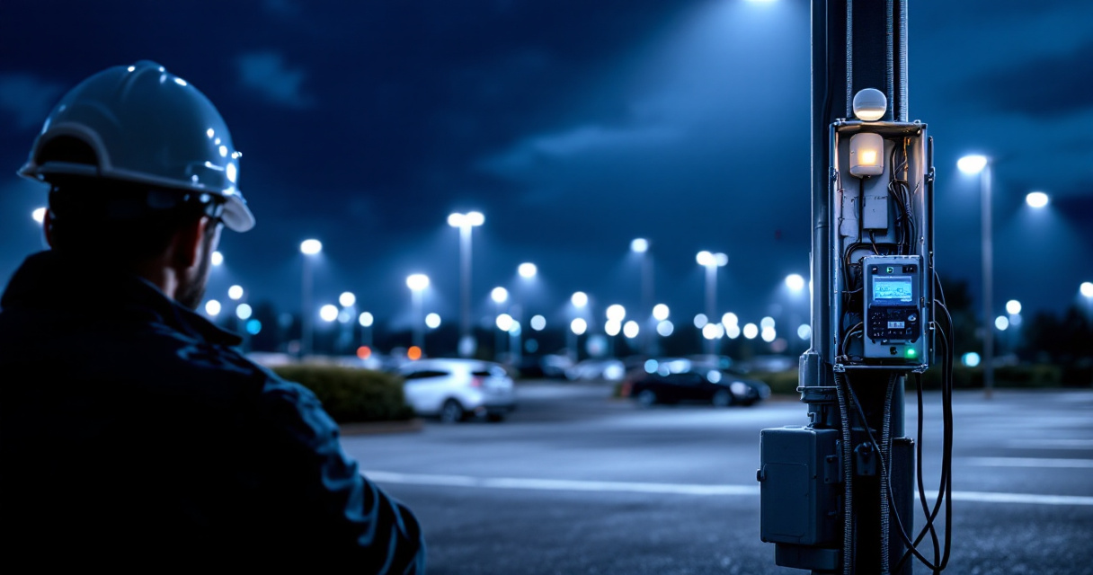 Technician configuring smart LED parking lot lighting controls with motion sensor at night