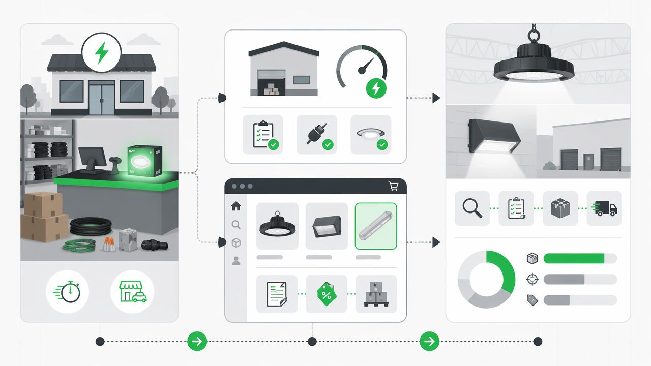 Infographic comparing local electrical supply stores and specialized LED suppliers for commercial lighting projects, with icons for high bay lights, wall packs, pricing, and ordering workflow.