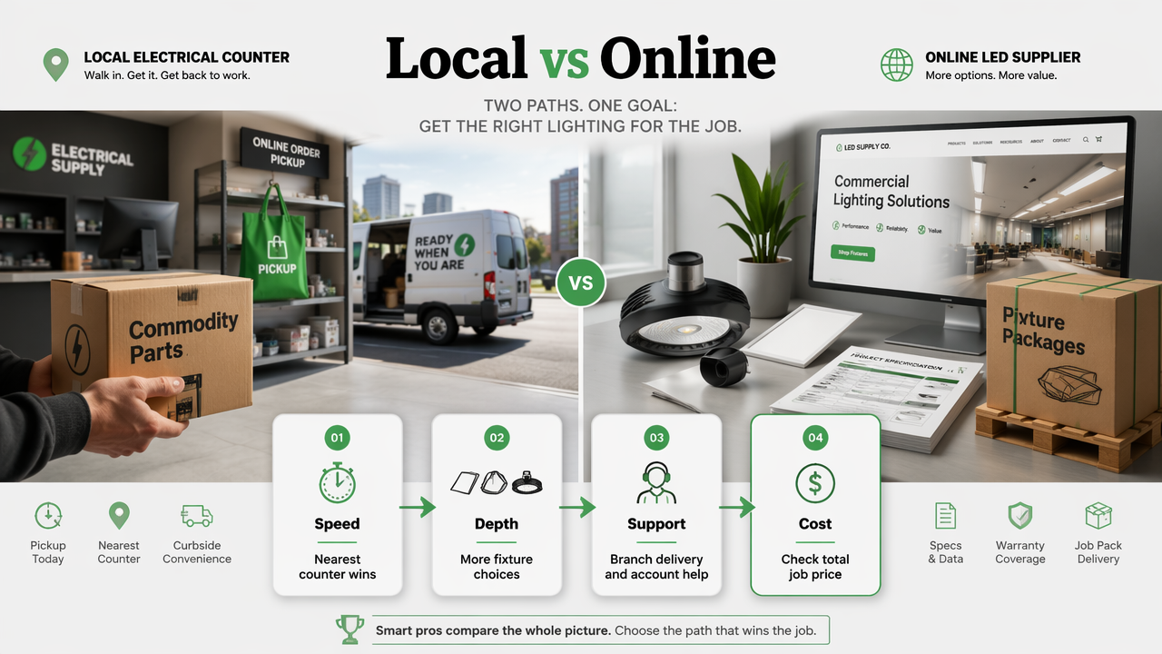 Contractor comparison of local electrical supply houses versus online LED suppliers for speed, specs, and cost.