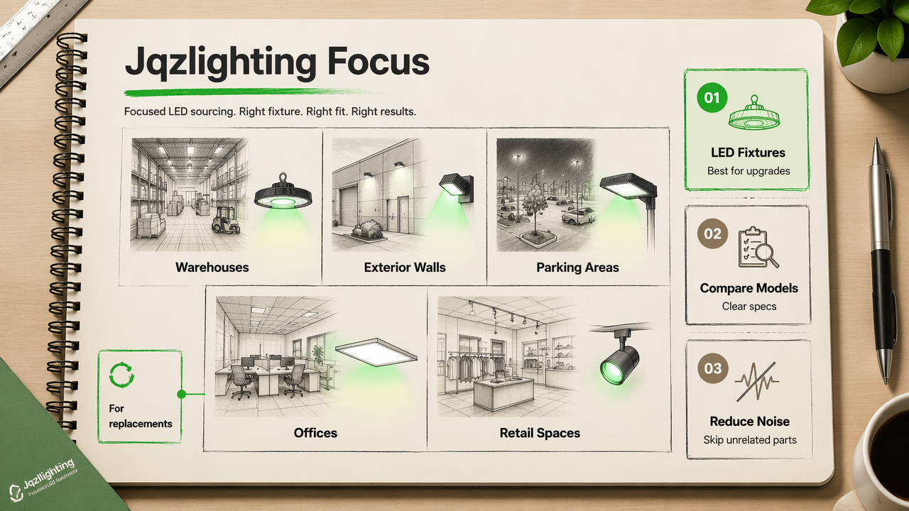 Annotated Jqzlighting fixture board showing commercial LED categories for warehouses, offices, retail, and outdoor spaces.