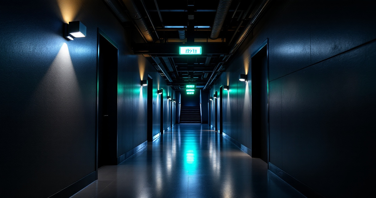 Commercial hallway illuminated by emergency LED fixtures guiding evacuation route during simulated power outage