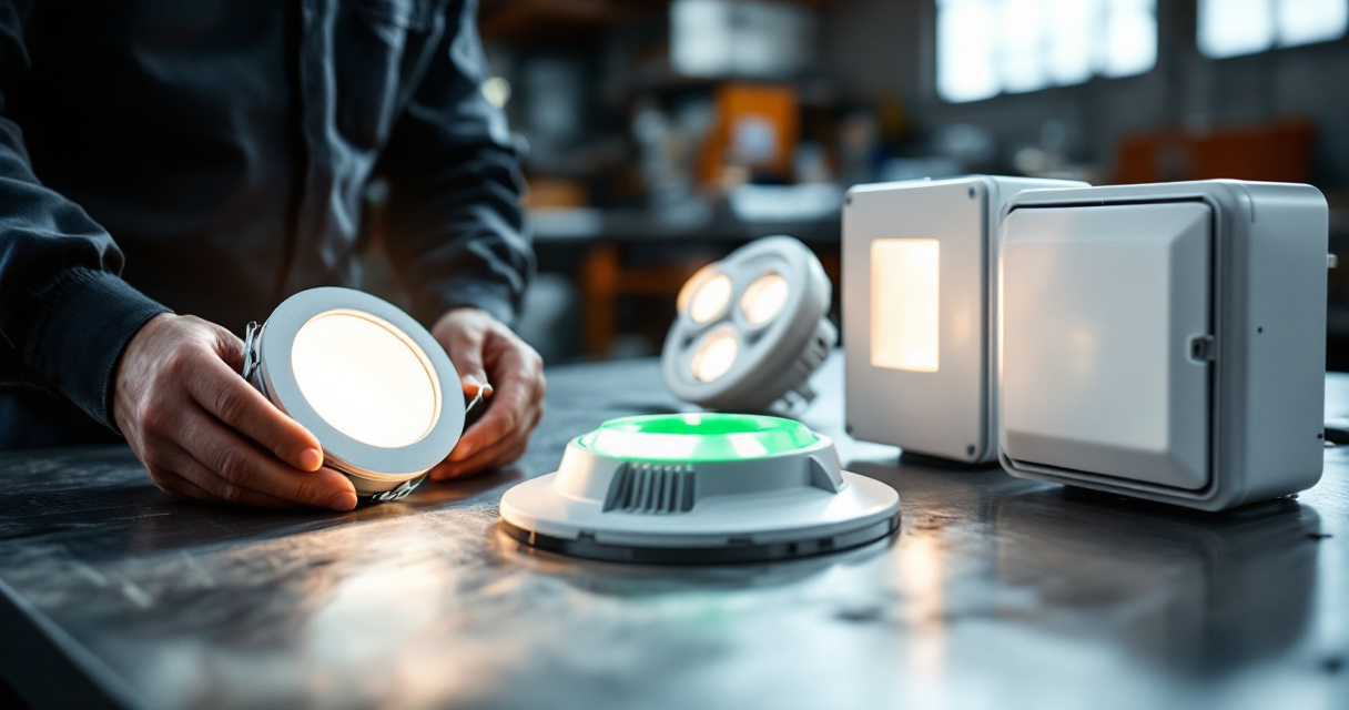 Technician comparing commercial emergency LED fixtures and battery backup lighting units on a warehouse workbench