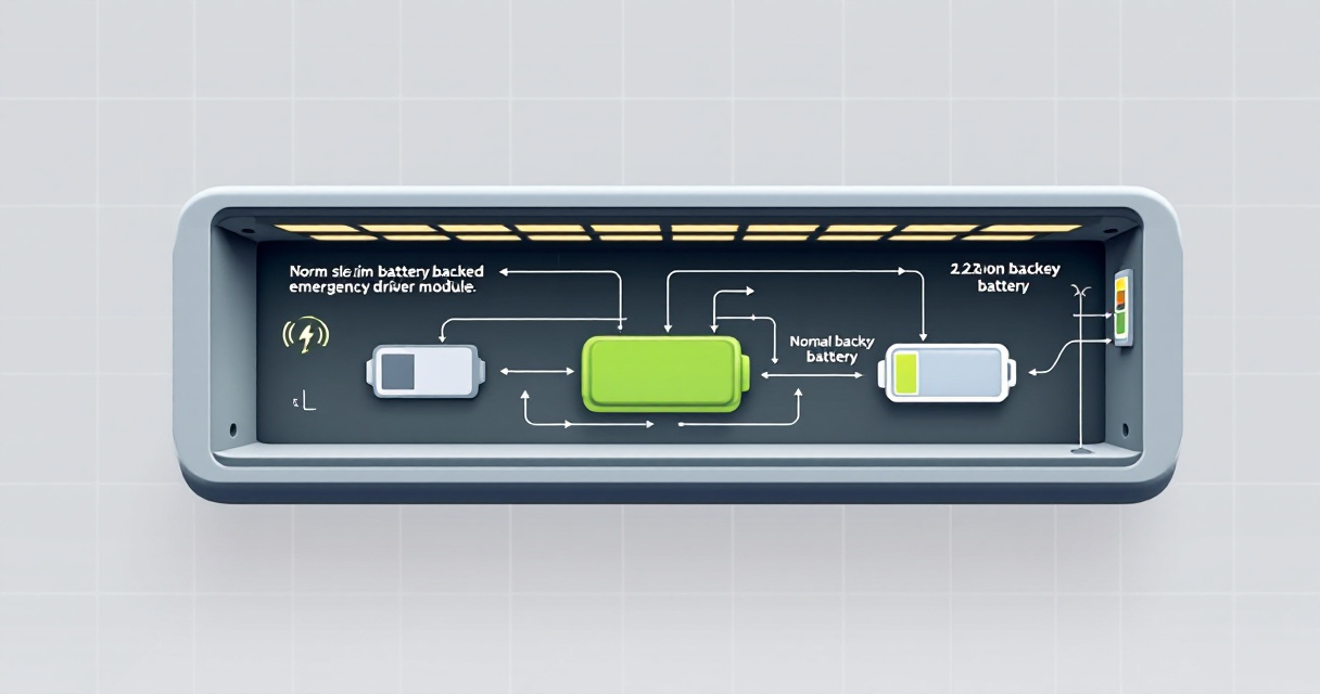 Wide flat-design infographic showing how emergency LED drivers work inside fixtures, how to choose and size them, compliance checks, installation details, and future trends.