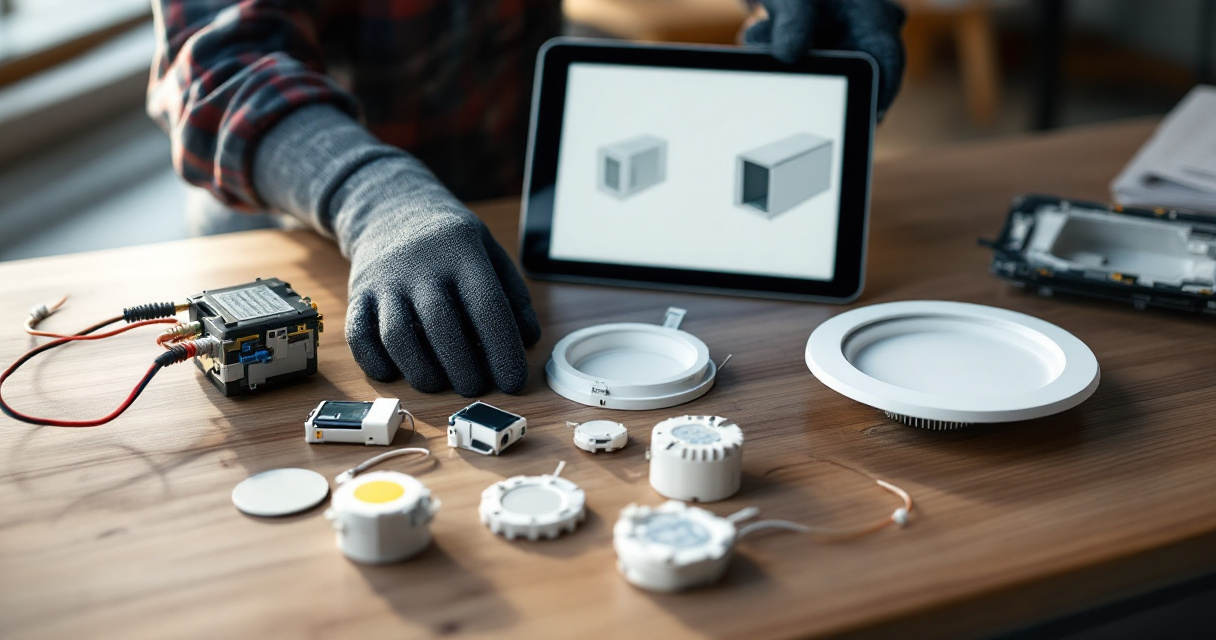 Hands comparing an LED emergency driver and fixture components on a lighting workbench
