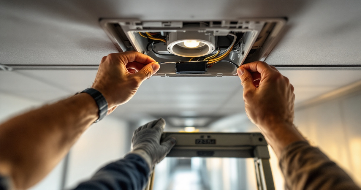 Installer wiring an emergency battery backup inside a commercial LED ceiling fixture