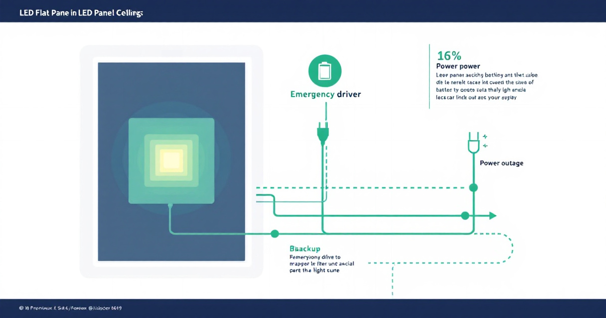 Infographic showing how emergency drivers work inside LED flat panel lights, where they fit in commercial buildings, how buyers check compatibility, and how code, testing, and maintenance connect to future smart emergency lighting procurement.