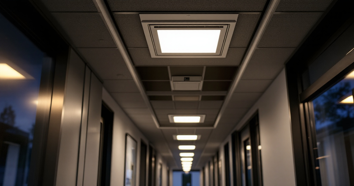 Office corridor with LED flat panels and visible emergency driver above the ceiling