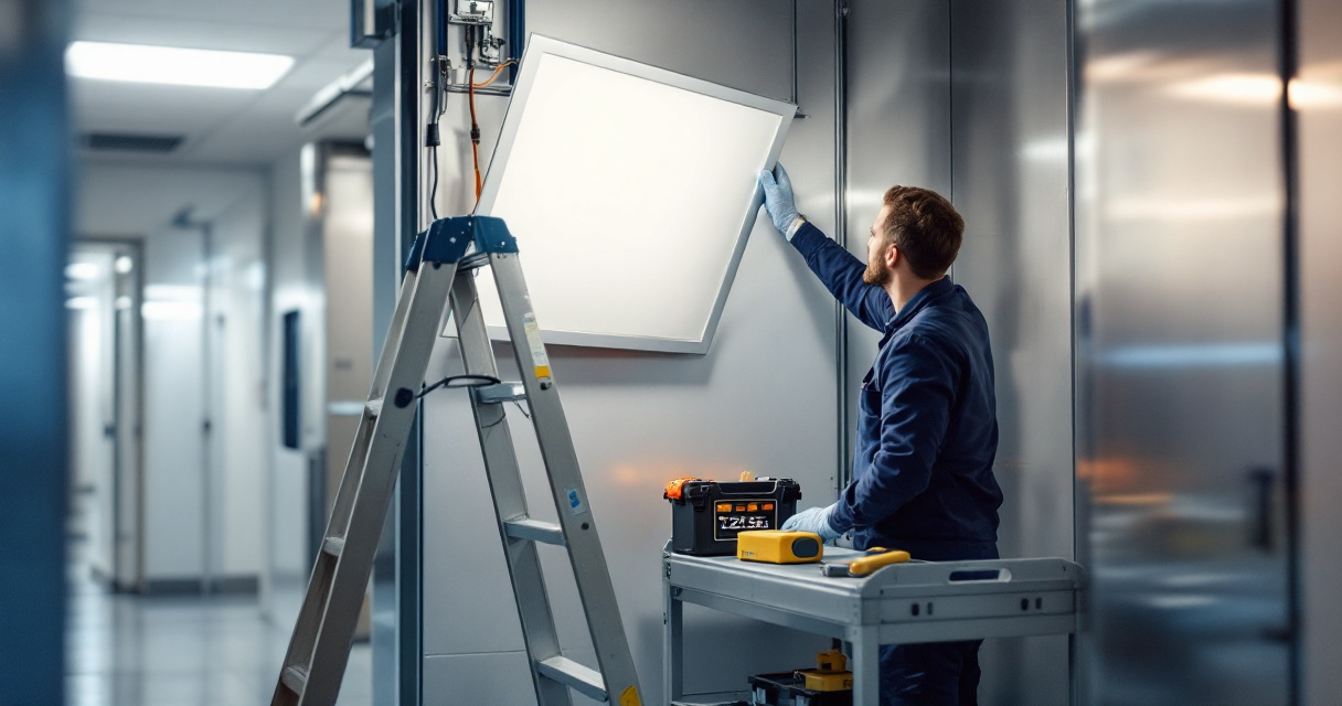 Technician inspecting emergency battery backup driver for a commercial flat panel light