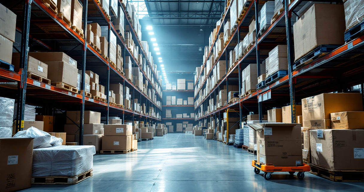 Warehouse shelving with boxed commercial LED fixtures prepared for fast same-day shipping