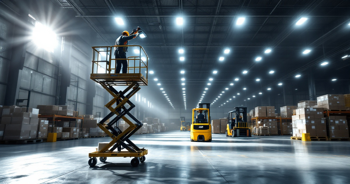 Technician installing LED high bay lighting in warehouse to reduce operational downtime