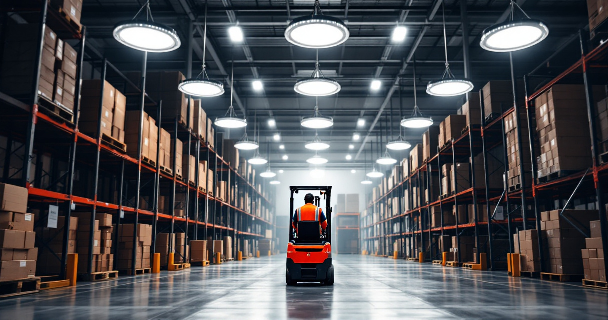 Round high bay LED lights illuminating tall warehouse racks and forklift aisle