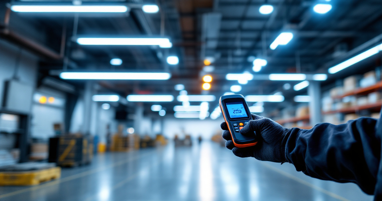Technician measuring brightness under linear high bay LED lights in commercial warehouse