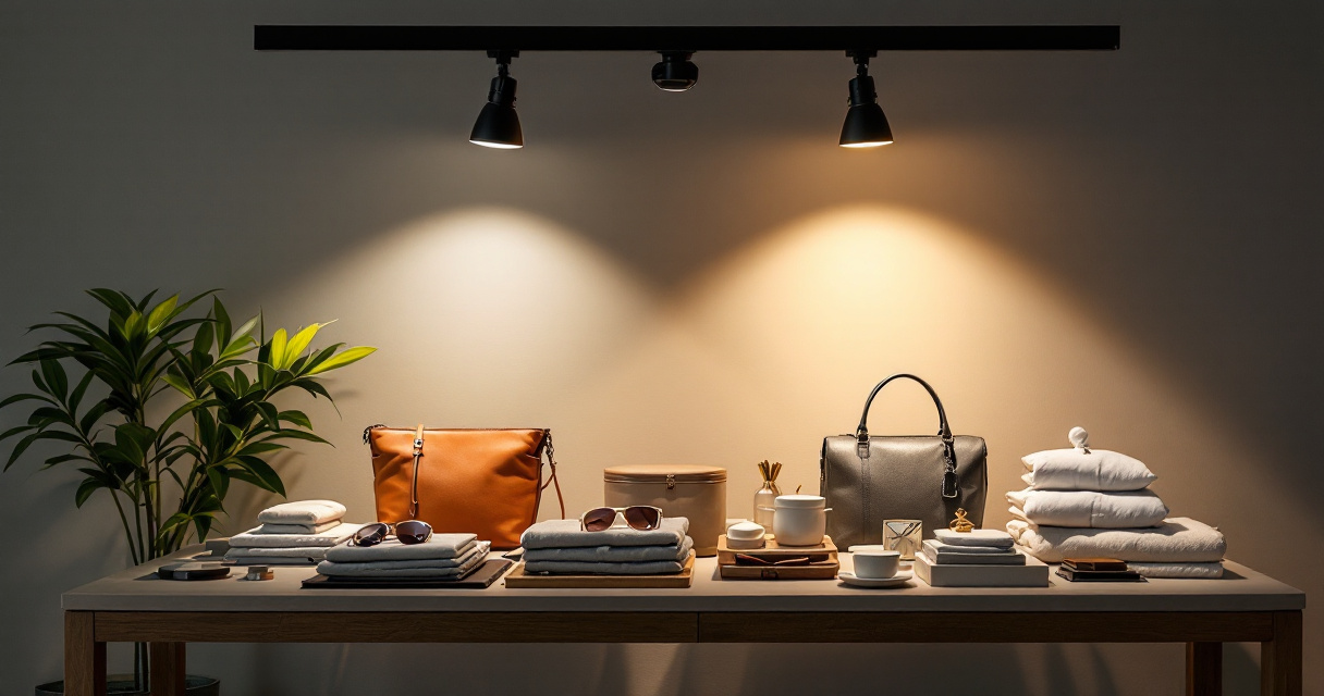 Retail merchandise display under adjustable LED track lighting showing color temperature and color rendering differences