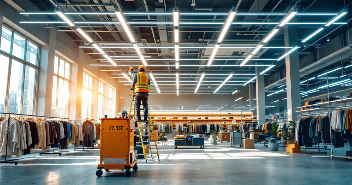 Technician installing linear LED fixtures in organized grid layout inside modern retail store