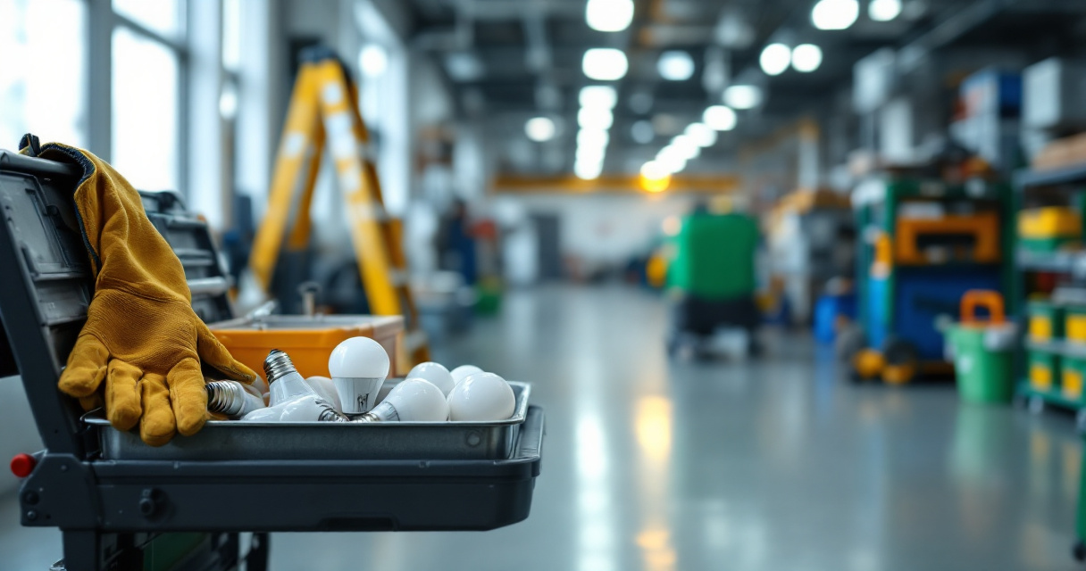 Commercial lighting retrofit cart comparing incandescent bulbs with LED replacement lamps