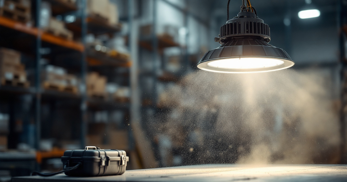 Commercial LED high bay fixture resisting dust during industrial protection testing in warehouse environment