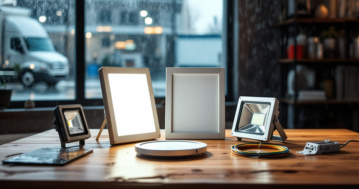 Hands comparing indoor panel light and waterproof outdoor LED fixtures for different commercial spaces