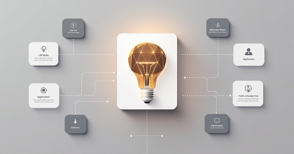 Infographic showing LED bulb buying factors for commercial and industrial spaces, including applications, selection checks, dimming, availability, and future lighting trends.