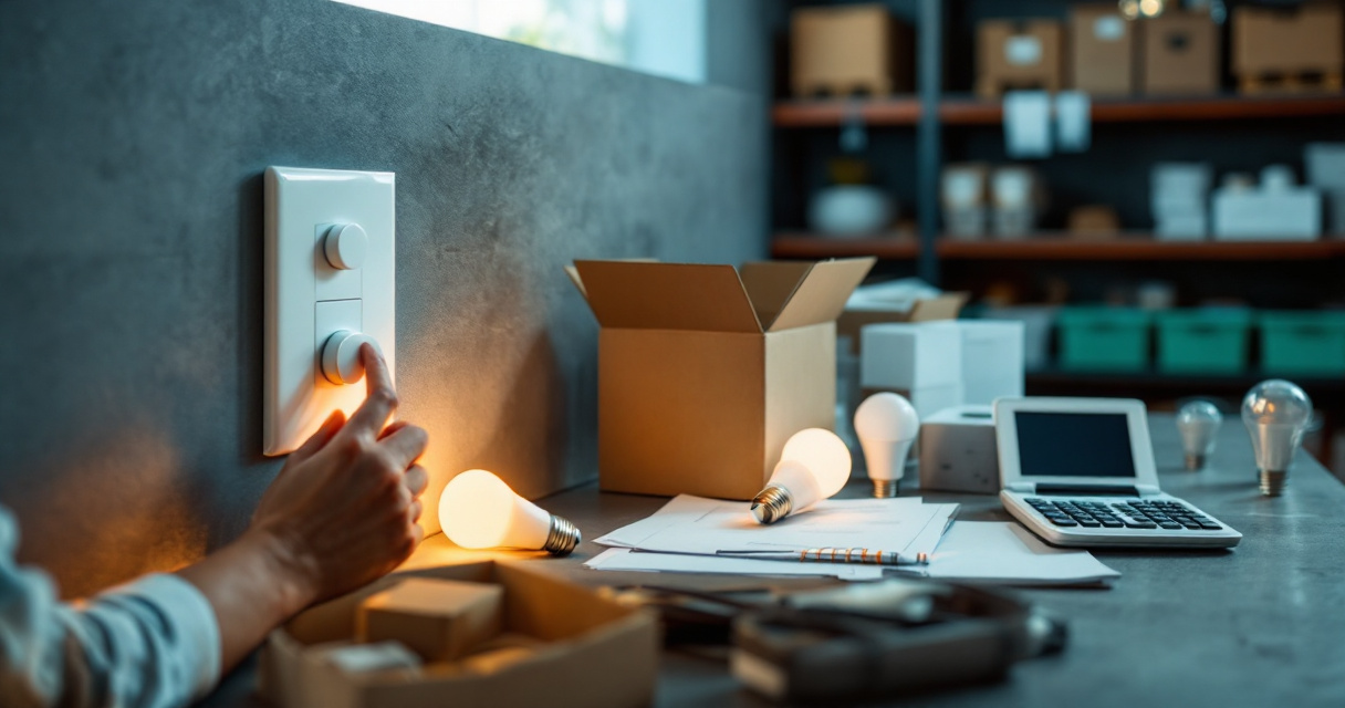 Hands testing LED bulb dimming with stockroom inventory and purchasing materials nearby