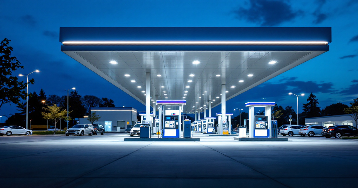 Bright LED canopy fixtures illuminating a modern gas station forecourt at dusk