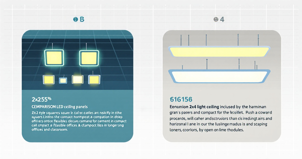 Infographic comparing 2x2 and 2x4 LED drop ceiling lights with visual sections for ceiling grid fit, room layout, installation, maintenance, and energy planning.