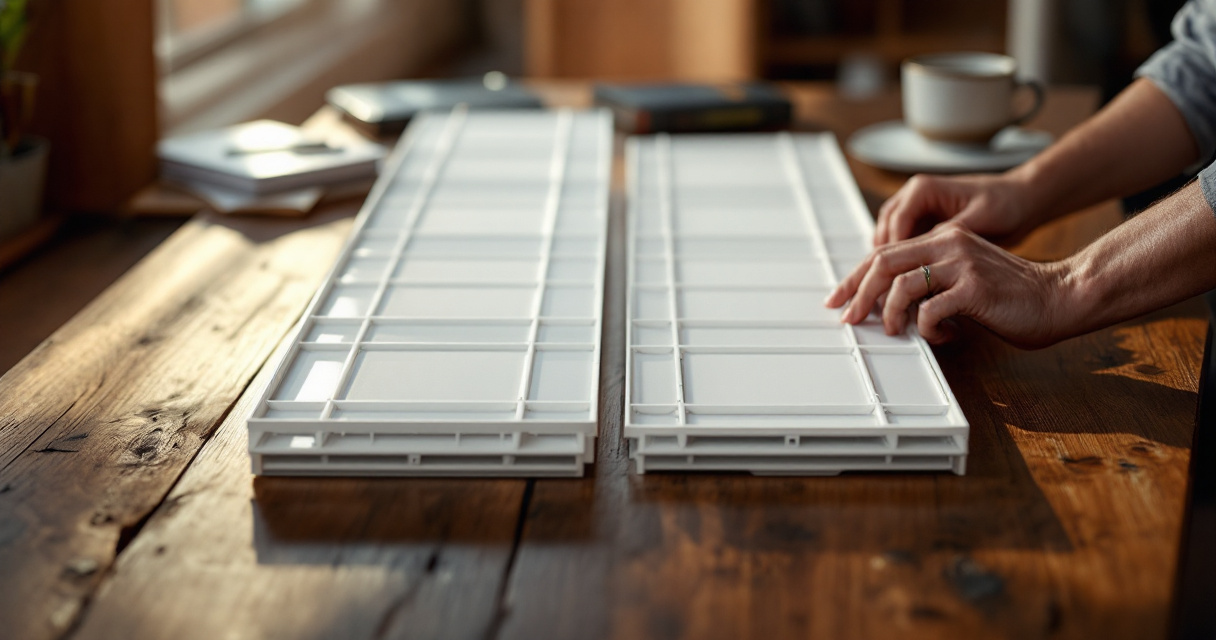 Designer comparing 2x2 and 2x4 drop ceiling light layouts on grid mockups