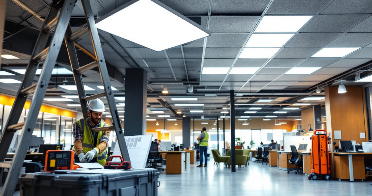 Commercial office ceiling showing lighting spacing and brightness planning by application