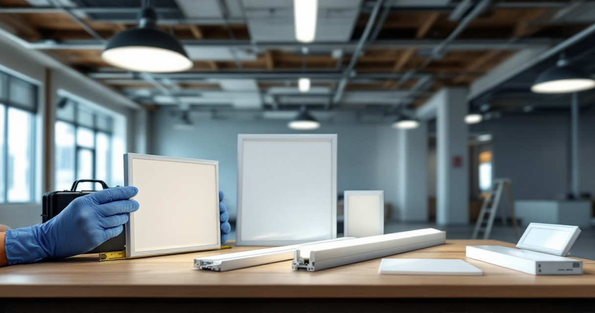 Contractor comparing LED panel and troffer fixture types for a suspended ceiling project