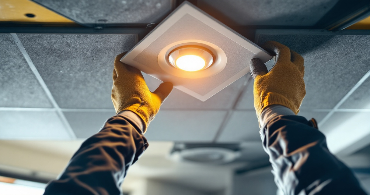 Technician inspecting wiring and fit issues in LED drop ceiling light installation
