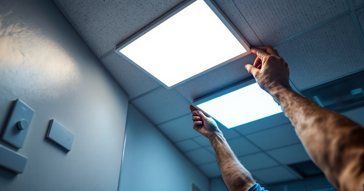 Installer testing dimmable LED drop ceiling panels in a commercial office ceiling
