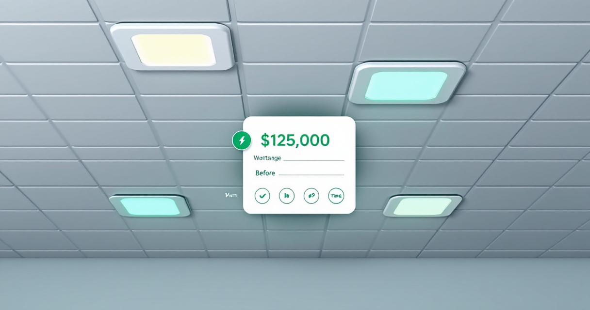Infographic showing a commercial LED drop ceiling savings calculator with input icons, a central energy comparison dashboard, and office, retail, and industrial retrofit scenarios.