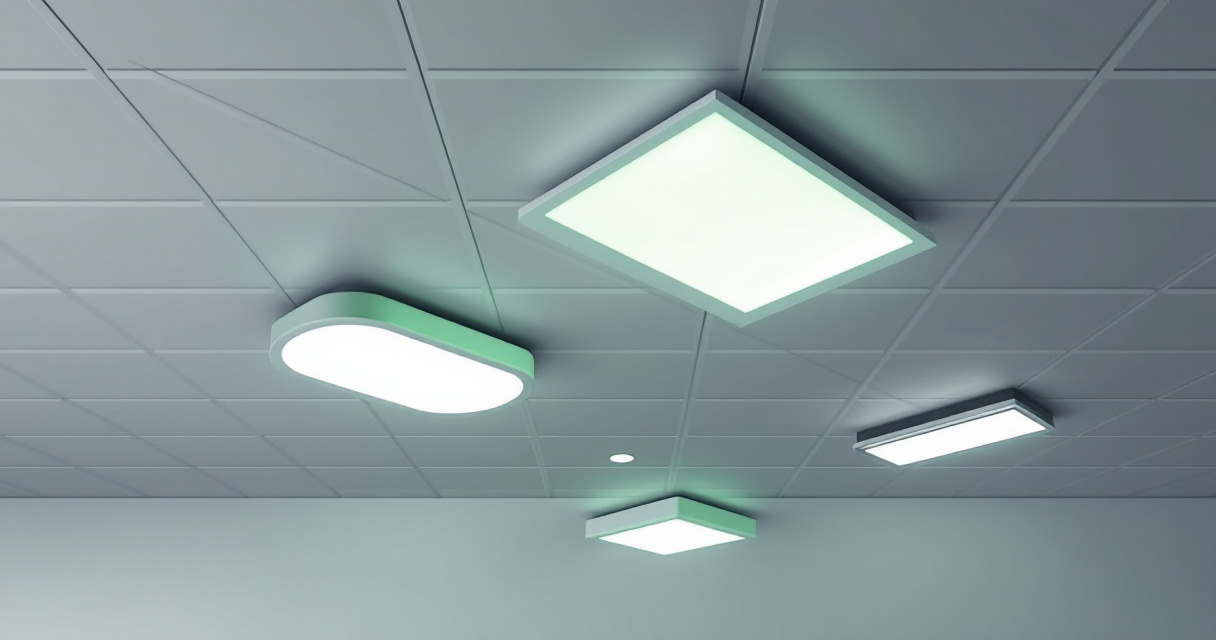 Infographic showing LED drop ceiling light types, office lighting layout, comfort factors, installation workflow, and smart controls for commercial offices.