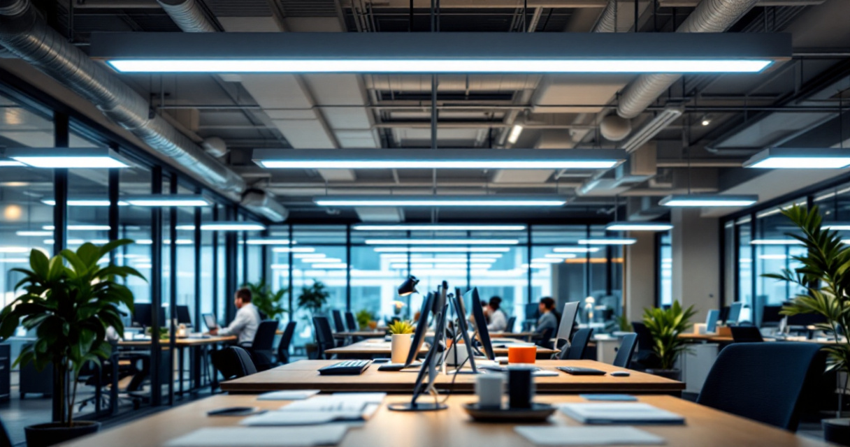 Modern office ceiling with LED panels and troffers illuminating focused workstations