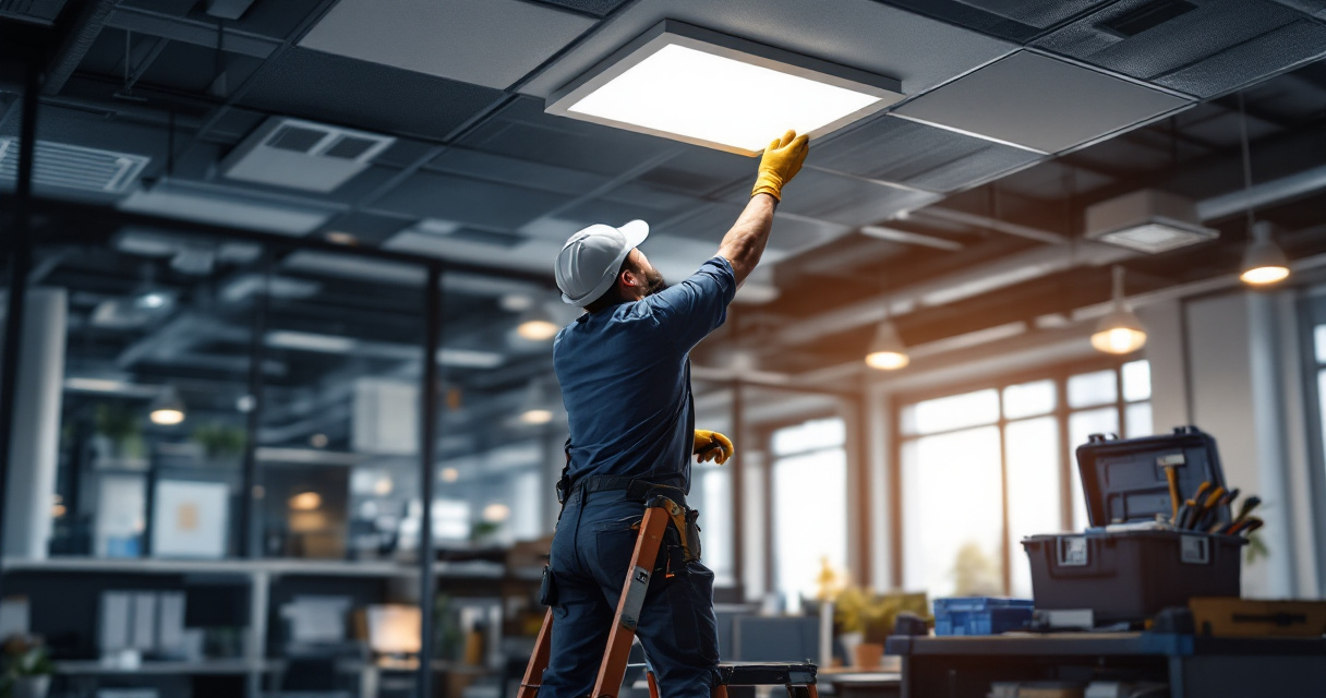 Technician maintaining recessed LED ceiling panel in a commercial office grid